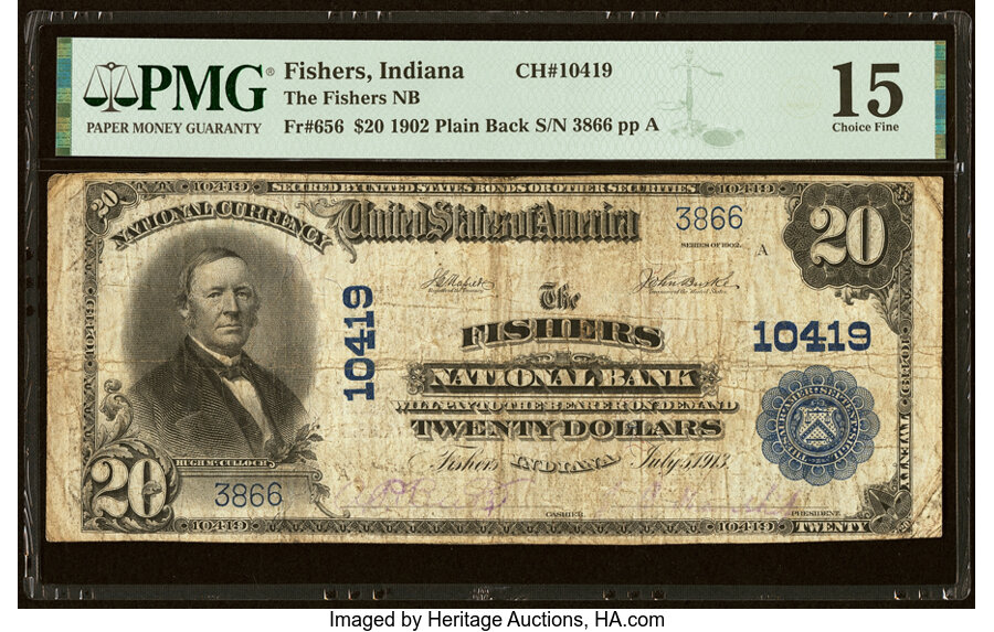 image for: Fishers, IN - $20 1902 Plain Back Fr. 656 The Fishers National Bank Ch. # 10419 PMG Choice Fine 15....