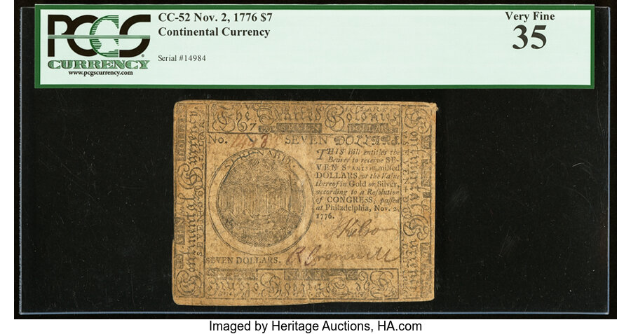 image for: Continental Currency November 2, 1776 $7 PCGS Very Fine 35....