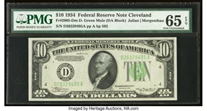 image for: Fr. 2005-D $10 1934 Mule Federal Reserve Note. PMG Gem Uncirculated 65 EPQ....