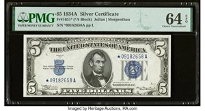 image for: Fr. 1651* $5 1934A Silver Certificate Star. PMG Choice Uncirculated 64 EPQ....