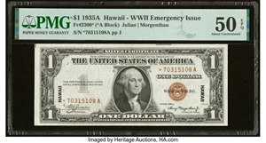 image for: Fr. 2300* $1 1935A Hawaii Silver Certificate Star. PMG About Uncirculated 50 EPQ....
