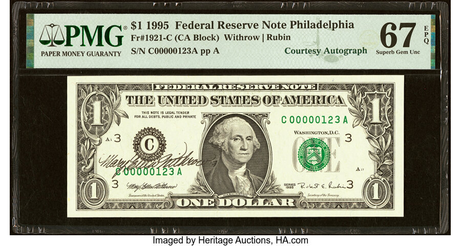 image for: Mary Ellen Withrow Courtesy Autographed Low Fancy Serial Number 123 Fr. 1921-C $1 1995 Federal Reserve Note. PMG Superb Gem Un...