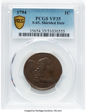 image for: 1794 1C Head of 1794, Shielded Hair, S-65, B-51, R.1, VF35 PCGS. Breen Die State II. Breen writes that this most plentiful ...