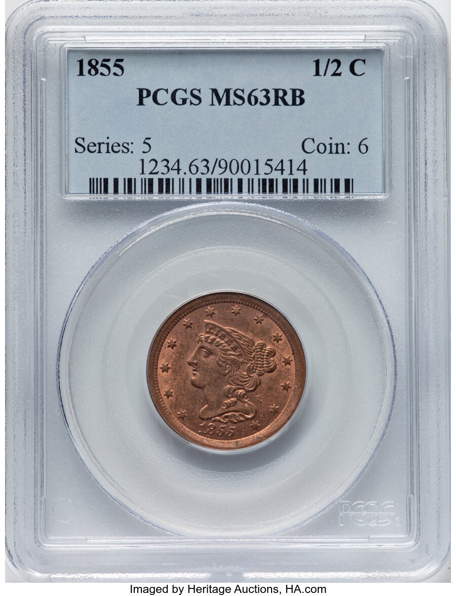image for: 1855 1/2 C C-1, B-1, R.1, MS63 Red and Brown PCGS.  Mintage 56,500....