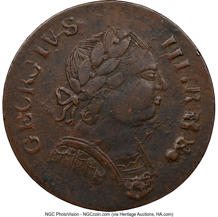 image for: '1787' 1/2 P 'Georgivs' Machin's Mills Halfpenny, Vlack 19-87C, W-7940, R.2, XF45 Brown NGC. Ex: New York Americana Sal...