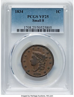 image for: 1834 1C Small 8, Large Stars, Medium Letters, N-1, R.1, VF25 PCGS. PCGS Population: (8/214)....