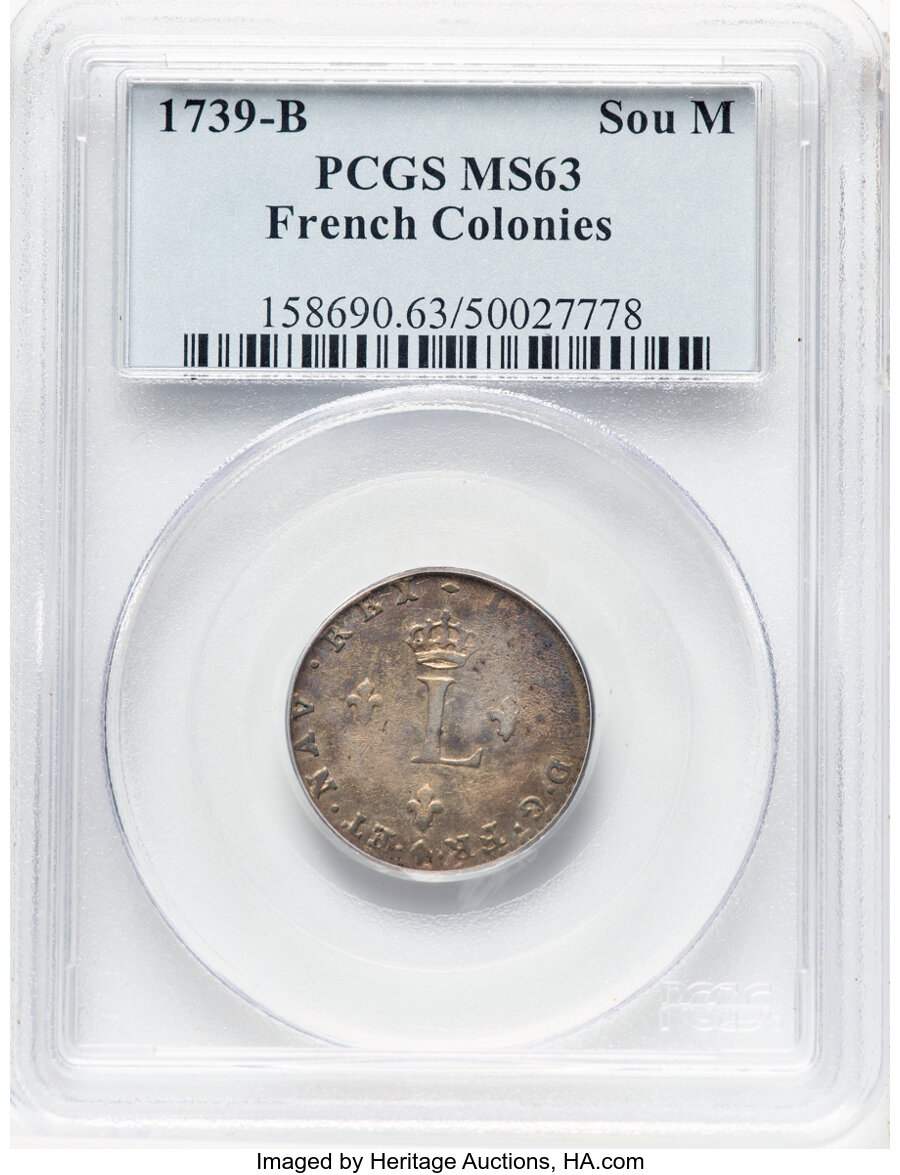 image for: 1739-B French Colonies Sou Marque MS63 PCGS. Vlack-50. Rouen Mint. PCGS Population: (1/1)....