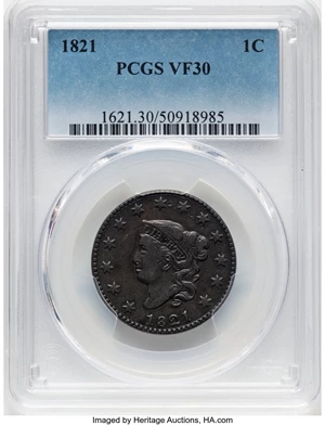 image for: 1821 1C N-2, R.1, VF30 PCGS. PCGS Population: (24/137). Mintage 389,000....