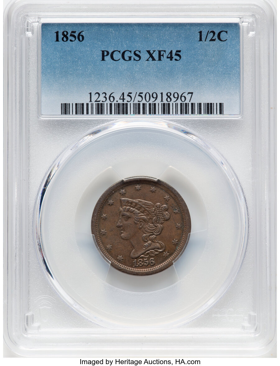 image for: 1856 1/2 C C-1, B-2a, R.1, XF45 PCGS. PCGS Population: (31/436).  Mintage 40,430....