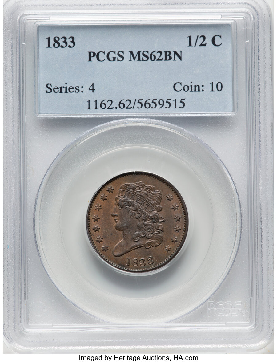 image for: 1833 1/2 C C-1, B-1, R.1, MS62 Brown PCGS. PCGS Population: (76/223).  Mintage 120,000....