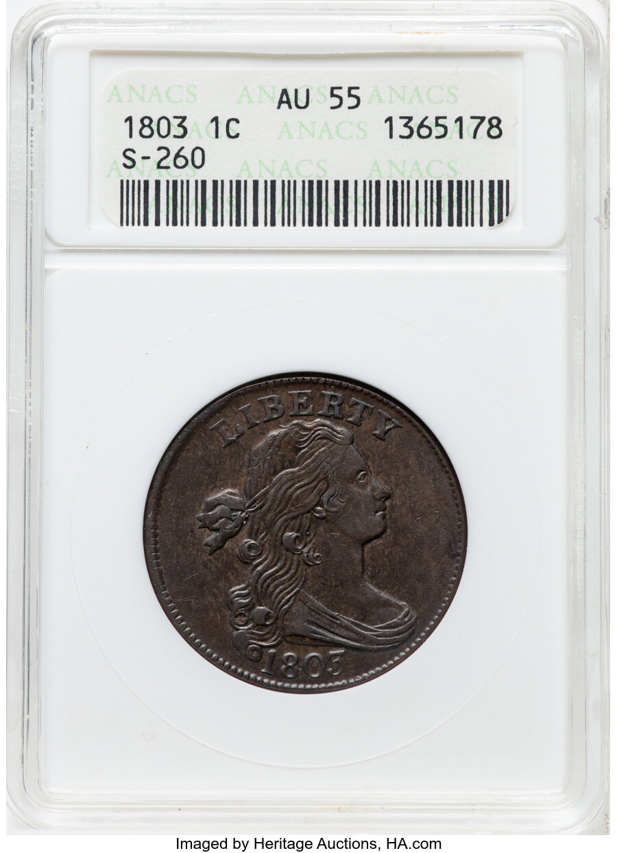image for: 1803 1C Small Date, Large Fraction, S-260, B-19, R.1, AU55 ANACS. Breen Die State II. A glossy, deep-brown example of this ...