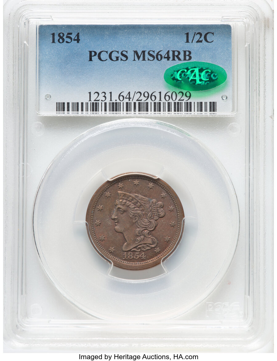 image for: 1854 1/2 C C-1, B-1, R.1, MS64 Red and Brown PCGS. CAC. CAC Population: (26/18). Mintage 55,358....