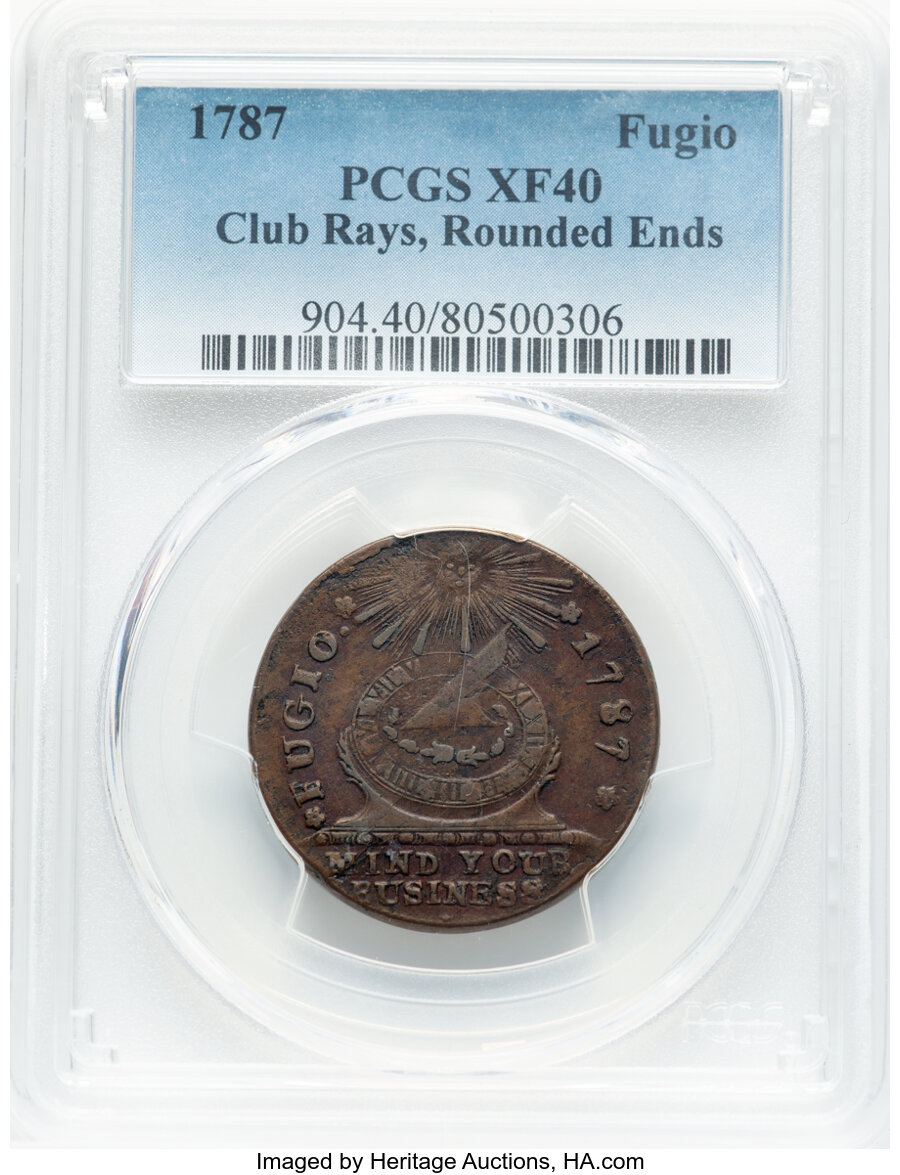 image for: 1787 Fugio Cent, Club Rays, Rounded Ends, N. 4-E, W-6685, R.3, XF40 PCGS. PCGS Population: (24/26)....