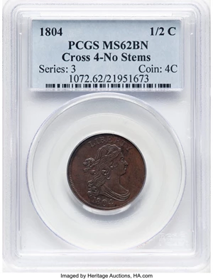 image for: 1804 1/2 C Crosslet 4, No Stems, C-12, B-11, R.2, MS62 Brown PCGS. PCGS Population: (14/25)....