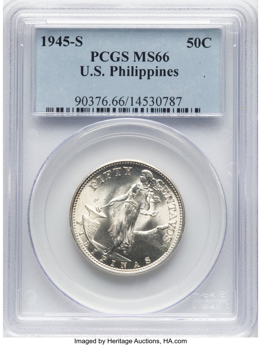 image for: 1945-S 50C U.S. Philippines MS66 PCGS.  Mintage 18,120,000....