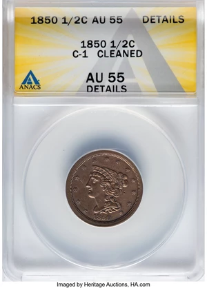 image for: 1850 1/2 C C-1, B-1, R.2 -- Cleaned -- ANACS Details. AU55. Mintage 39,800....