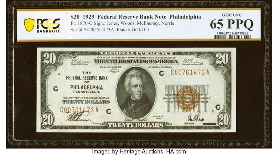 image for: Fr. 1870-C $20 1929 Federal Reserve Bank Note. PCGS Banknote Gem Unc 65 PPQ....
