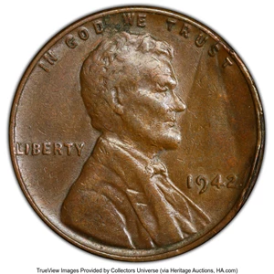 image for: 1942 1C Lincoln Cent -- Clamshell Split Planchet -- AU55 PCGS. PCGS Population: (9/64 and 0/1+). Mintage 657,828,600....