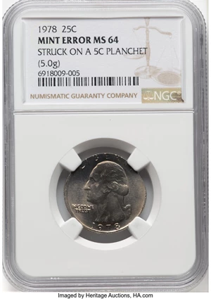 image for: 1978 25C Washington Quarter -- Struck on a 5C Planchet -- MS64 NGC. (5.0g). Mintage 521,452,000....