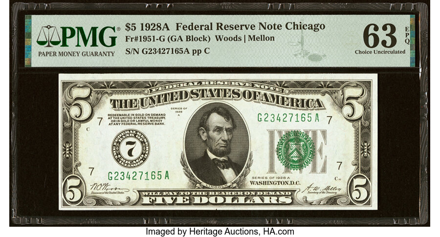 image for: Fr. 1951-G $5 1928A Federal Reserve Note. PMG Choice Uncirculated 63 EPQ....
