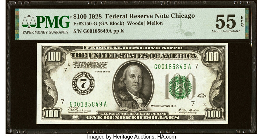 image for: Fr. 2150-G $100 1928 Federal Reserve Note. PMG About Uncirculated 55 EPQ....