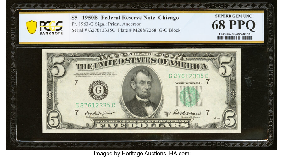 image for: Fr. 1963-G $5 1950B Federal Reserve Note. PCGS Banknote Superb Gem Unc 68 PPQ....