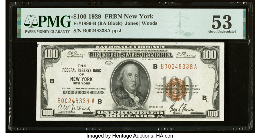 image for: Fr. 1890-B $100 1929 Federal Reserve Bank Note. PMG About Uncirculated 53....