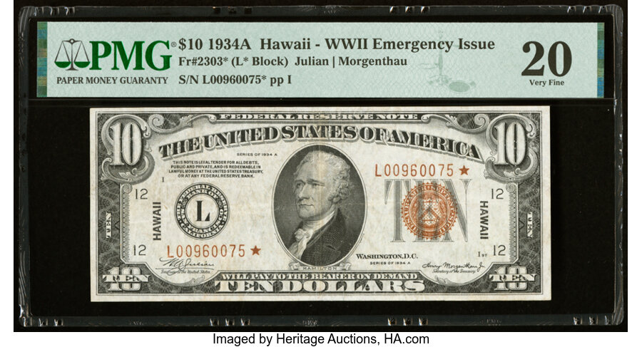 image for: Fr. 2303* $10 1934A Hawaii Federal Reserve Star Note. PMG Very Fine 20....