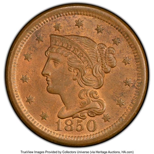 image for: 1850 1C N-7, R.2, MS64+ Red and Brown PCGS. Mintage 4,426,844....