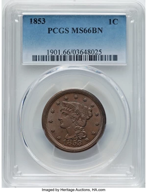 image for: 1853 1C N-18, R.1, MS66 Brown PCGS. PCGS Population: (30/1). Mintage 6,641,131....