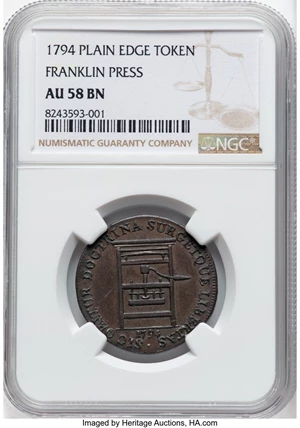 image for: 1794 Franklin Press Token, Plain Edge, Breen-1165, W-8850, R.1, AU58 Brown NGC....