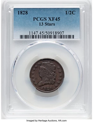image for: 1828 1/2 C 13 Stars, C-3, B-2, R.1, XF45 PCGS. Mintage 606,000....