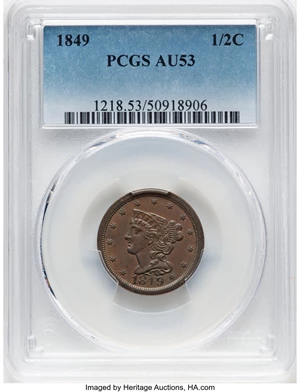 image for: 1849 1/2 C Large Date, C-1, B-4, R.2, AU53 PCGS. PCGS Population: (54/359). Mintage 39,864....
