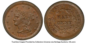 image for: 1855 1/2 C C-1, B-1, R.1, MS64 Brown PCGS. Mintage 56,500....
