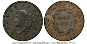 image for: 1821 1C N-2, R.1, AU53 PCGS. Deep chocolate-brown toning blankets most of the obverse on this smooth and sharply defined N-...