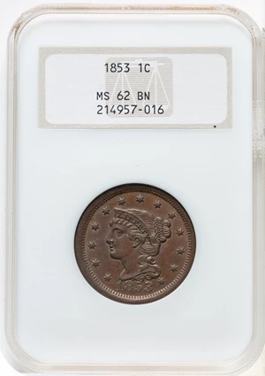 image for: 1853 1C N-25, R.1, MS62 Brown NGC. Housed in a Generation 4 premium holder. Mintage 6,641,131....