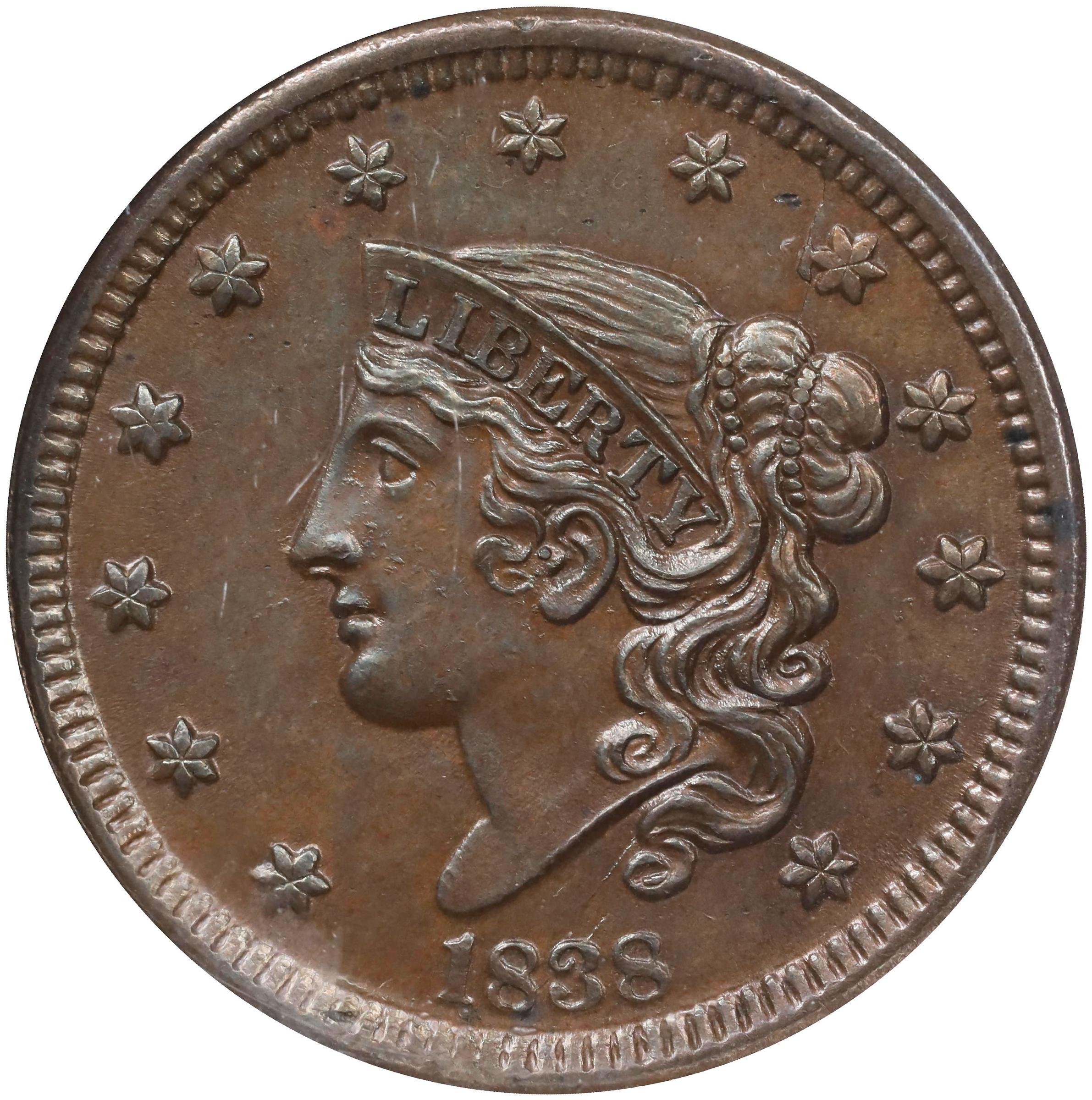 image for: 1838 Modified Matron Head Cent. N-4. Rarity-2. MS-63 BN (NGC).