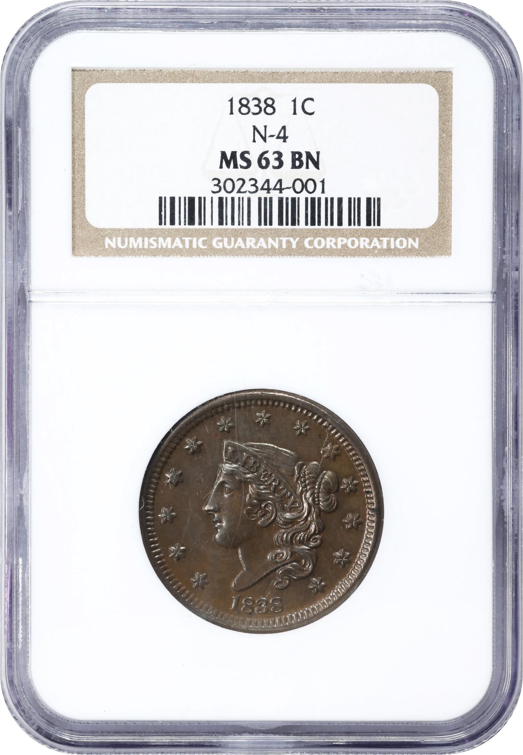 image for: 1838 Modified Matron Head Cent. N-4. Rarity-2. MS-63 BN (NGC).