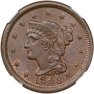 image for: 1848 Braided Hair Cent. N-7. Rarity-2. MS-65 BN (NGC).