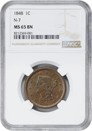 image for: 1848 Braided Hair Cent. N-7. Rarity-2. MS-65 BN (NGC).