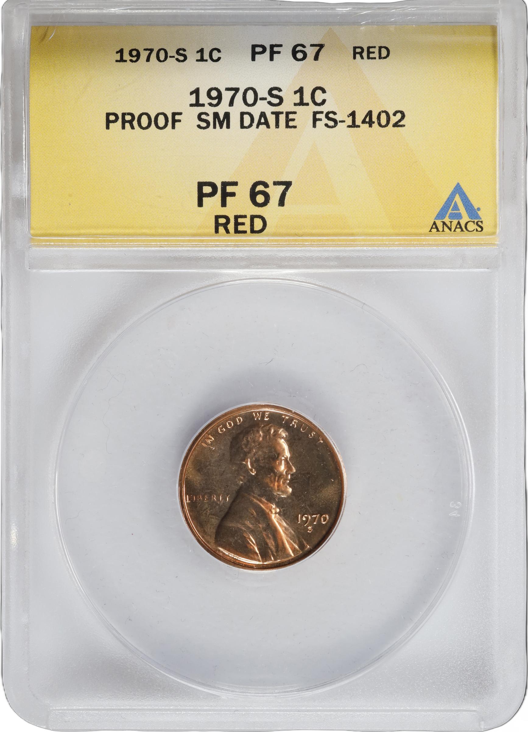 image for: 1970-S Lincoln Cent. FS-1402. Small Date. Proof-67 RD (ANACS).