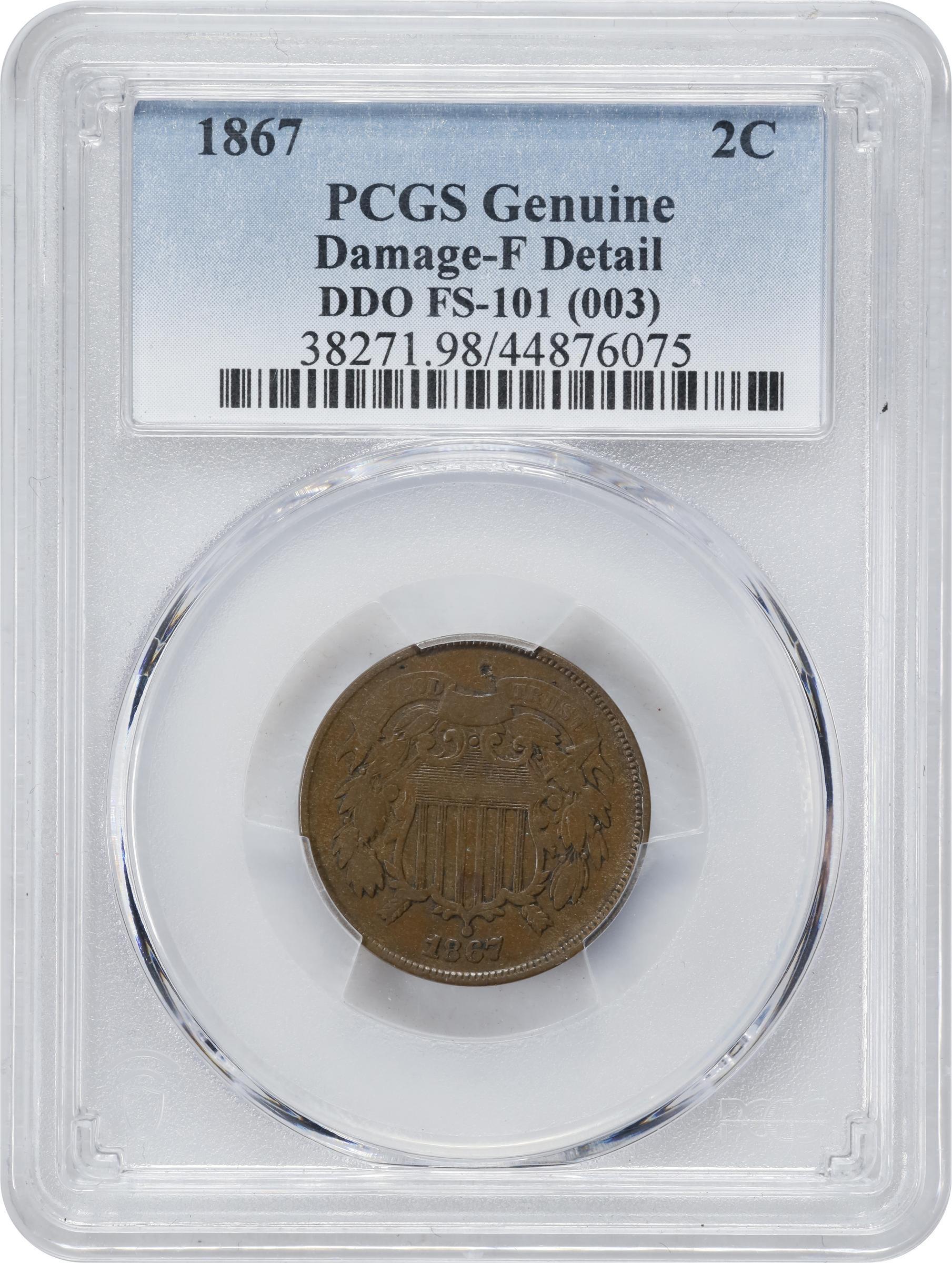 image for: 1867 Two-Cent Piece. FS-101. Doubled Die Obverse. Fine Details--Damage (PCGS).