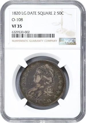 image for: 1820 Capped Bust Half Dollar. O-108. Rarity-2. Square Base No Knob 2, Large Date. VF-35 (NGC).