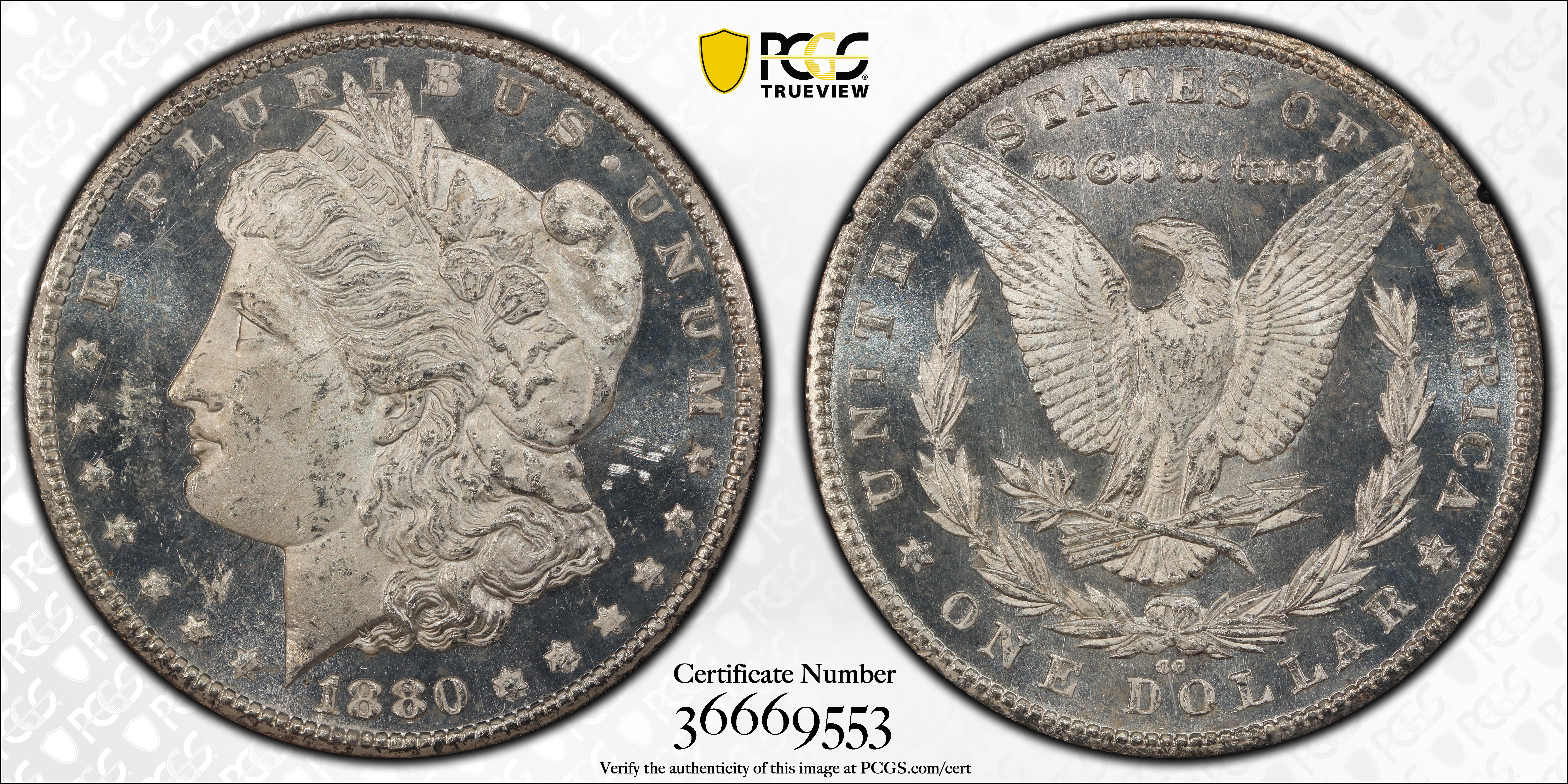 image for: 1880-CC GSA Morgan Silver Dollar. VAM-6. Top 100 Variety. 8/Low 7. MS-63 DMPL (PCGS).