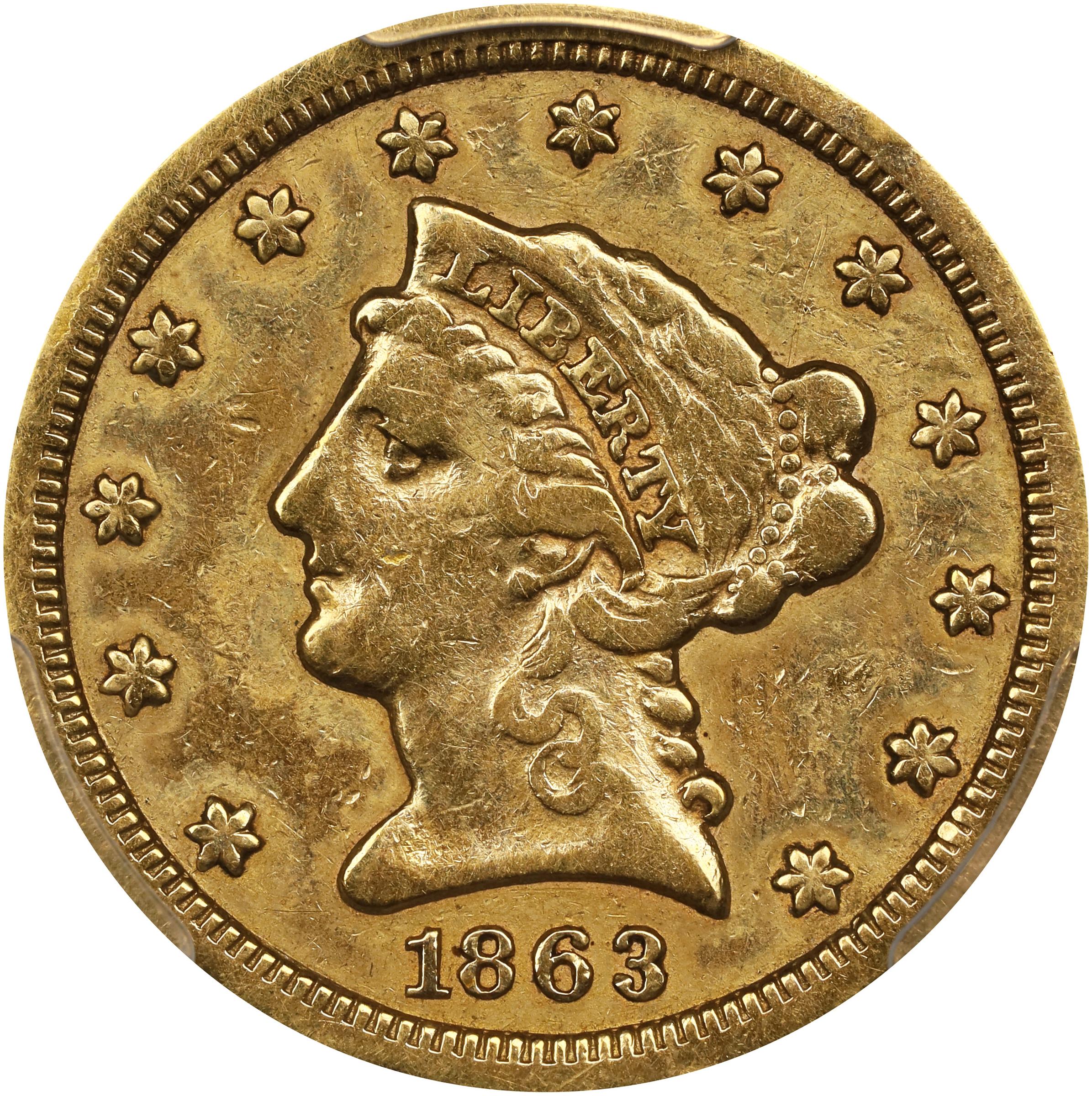 image for: 1863-S Liberty Head Quarter Eagle. VF Details--Ex Jewelry (PCGS).