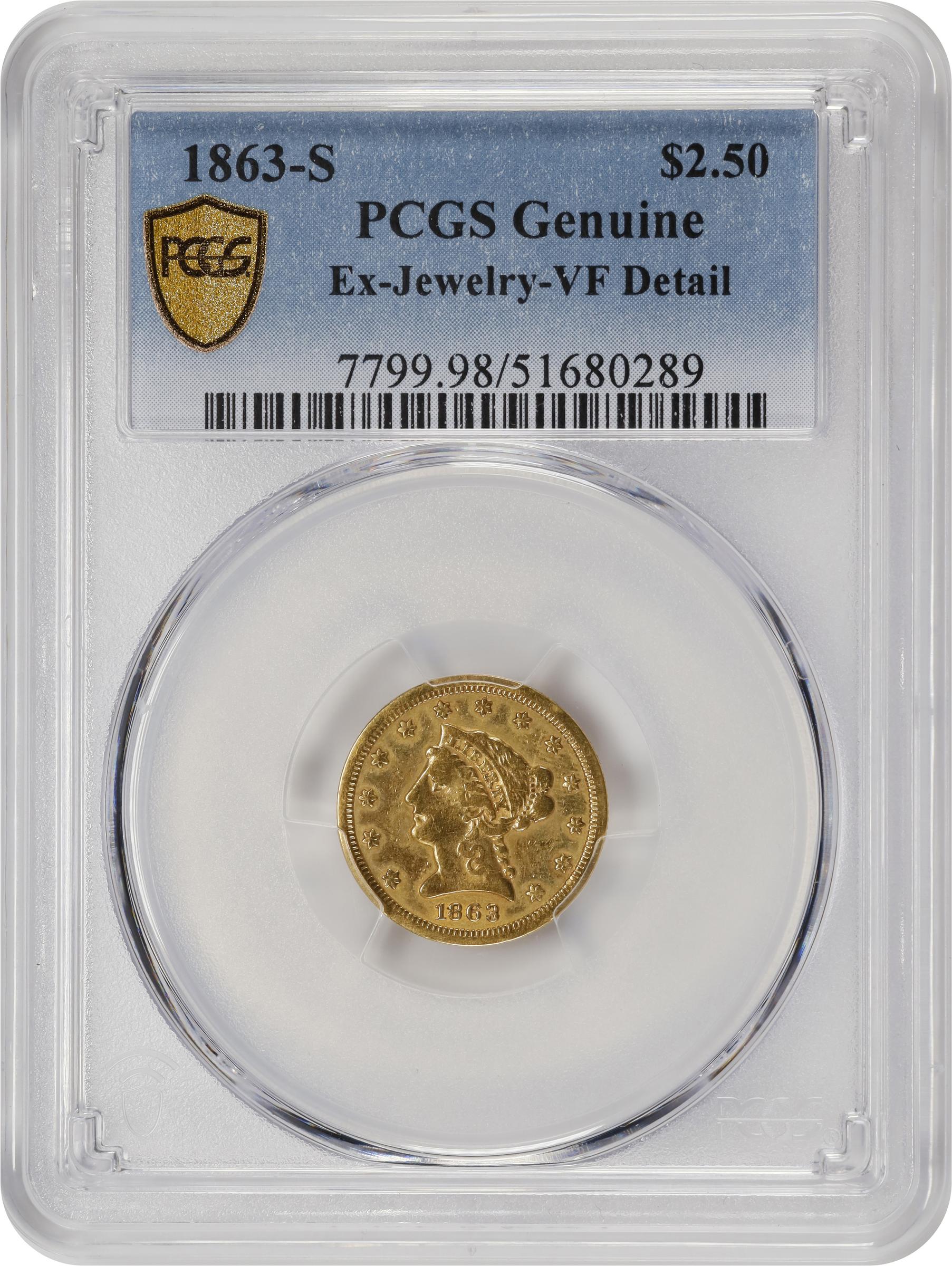 image for: 1863-S Liberty Head Quarter Eagle. VF Details--Ex Jewelry (PCGS).