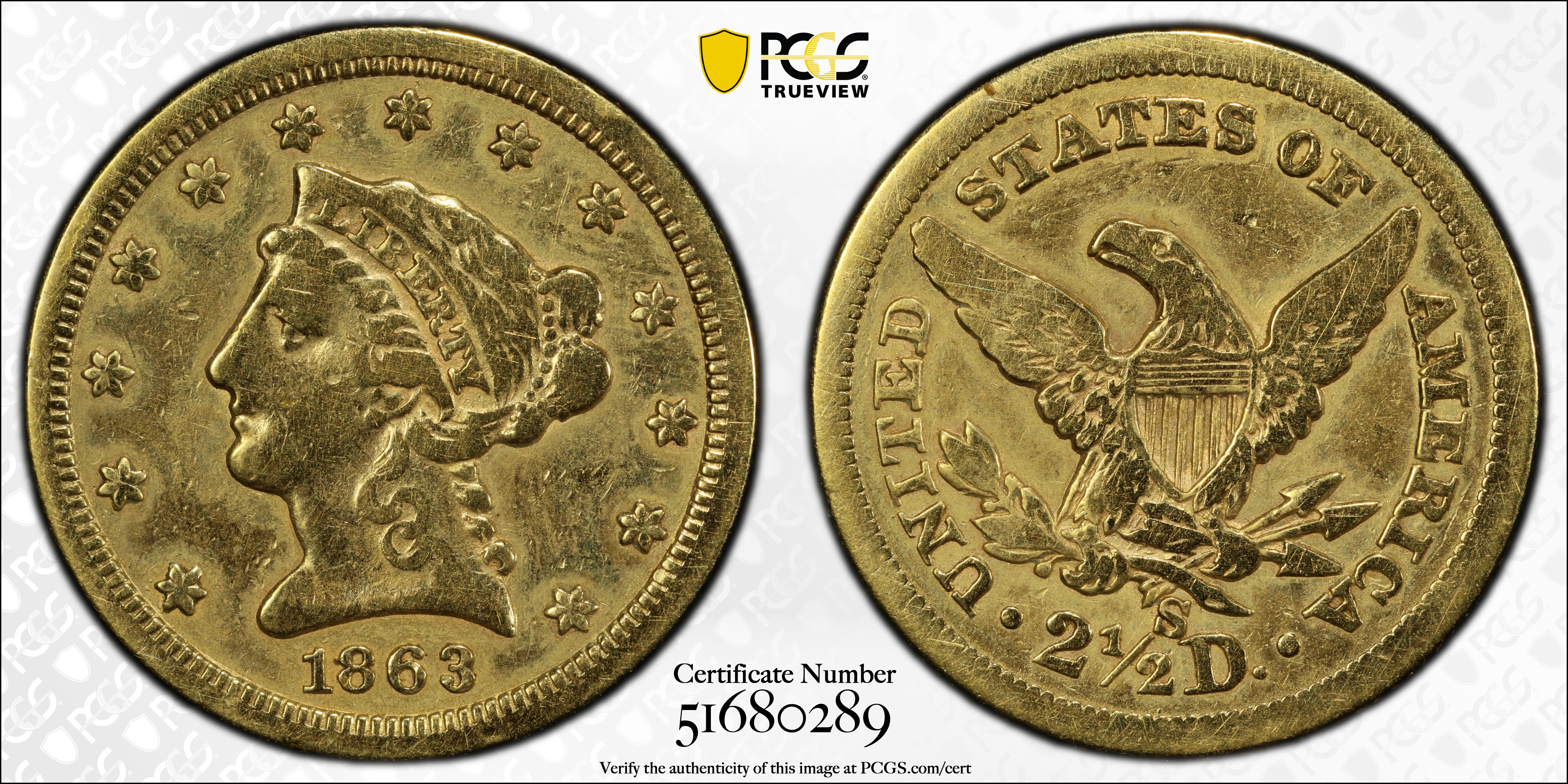 image for: 1863-S Liberty Head Quarter Eagle. VF Details--Ex Jewelry (PCGS).