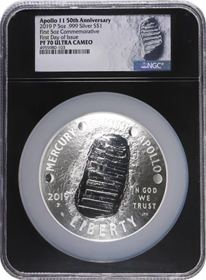 image for: 2019-P Apollo 11 50th Anniversary 5-Ounce Silver Dollar. First Day of Issue. Proof-70 Ultra Cameo (NGC).