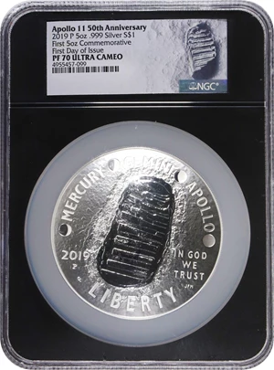image for: 2019-P Apollo 11 50th Anniversary 5-Ounce Silver Dollar. First Day of Issue. Proof-70 Ultra Cameo (NGC).