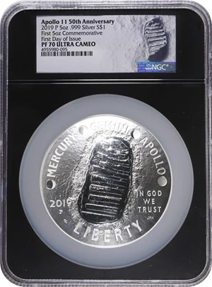 image for: 2019-P Apollo 11 50th Anniversary 5-Ounce Silver Dollar. First Day of Issue. Proof-70 Ultra Cameo (NGC).